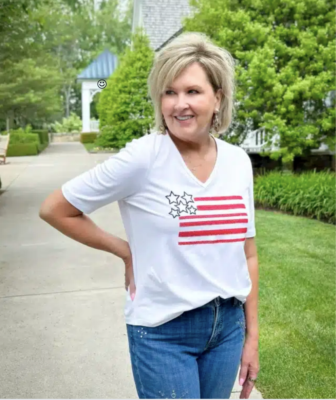 Tania wearing a stars and stripes tee for the 4th of July